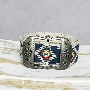 POL NWOT Silver Buckle Woven Aztec Belt with Blue and White Pattern OS